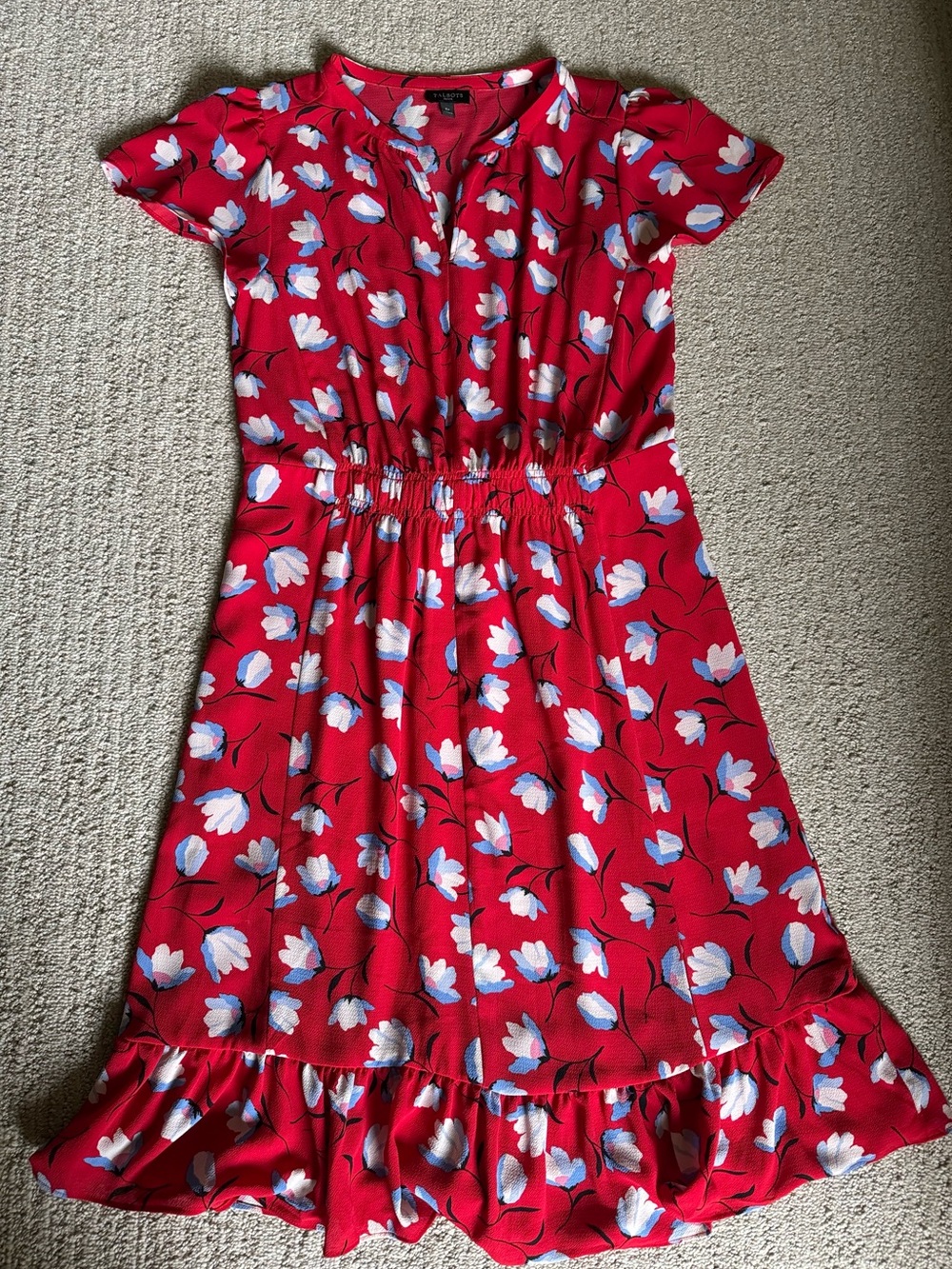 Talbots Red Floral Cap-Sleeve Midi Dress Elastic Waist Sz 6P Flowy Feminine